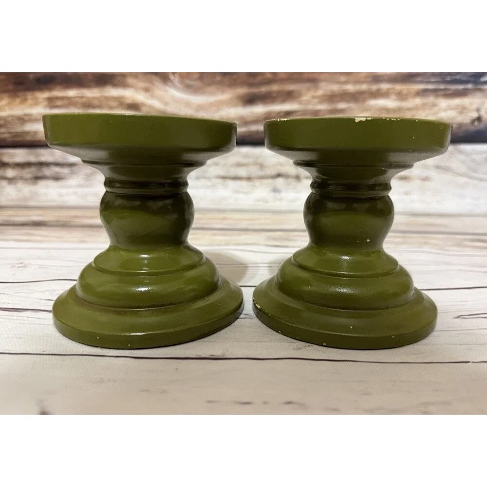 VINTAGE Pair ROUND WOODEN PEDASTAL CANDLE HOLDER Set Of Two Rainbow Products MCM